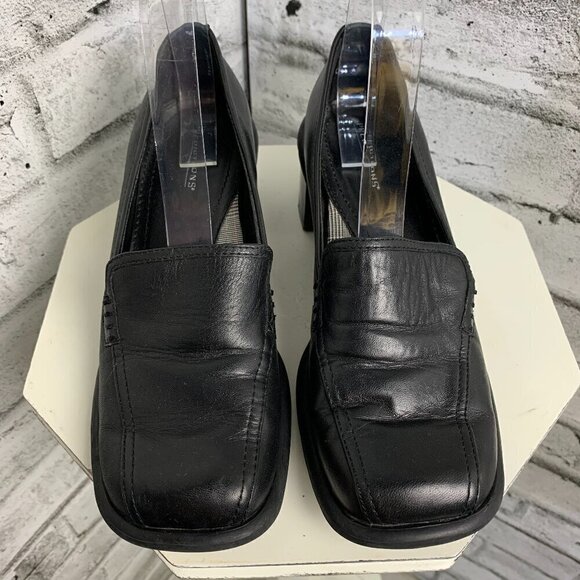 Vintage 90's Predictions Square Toe Black Leather Block Heel Loafer - Picture 1 of 10